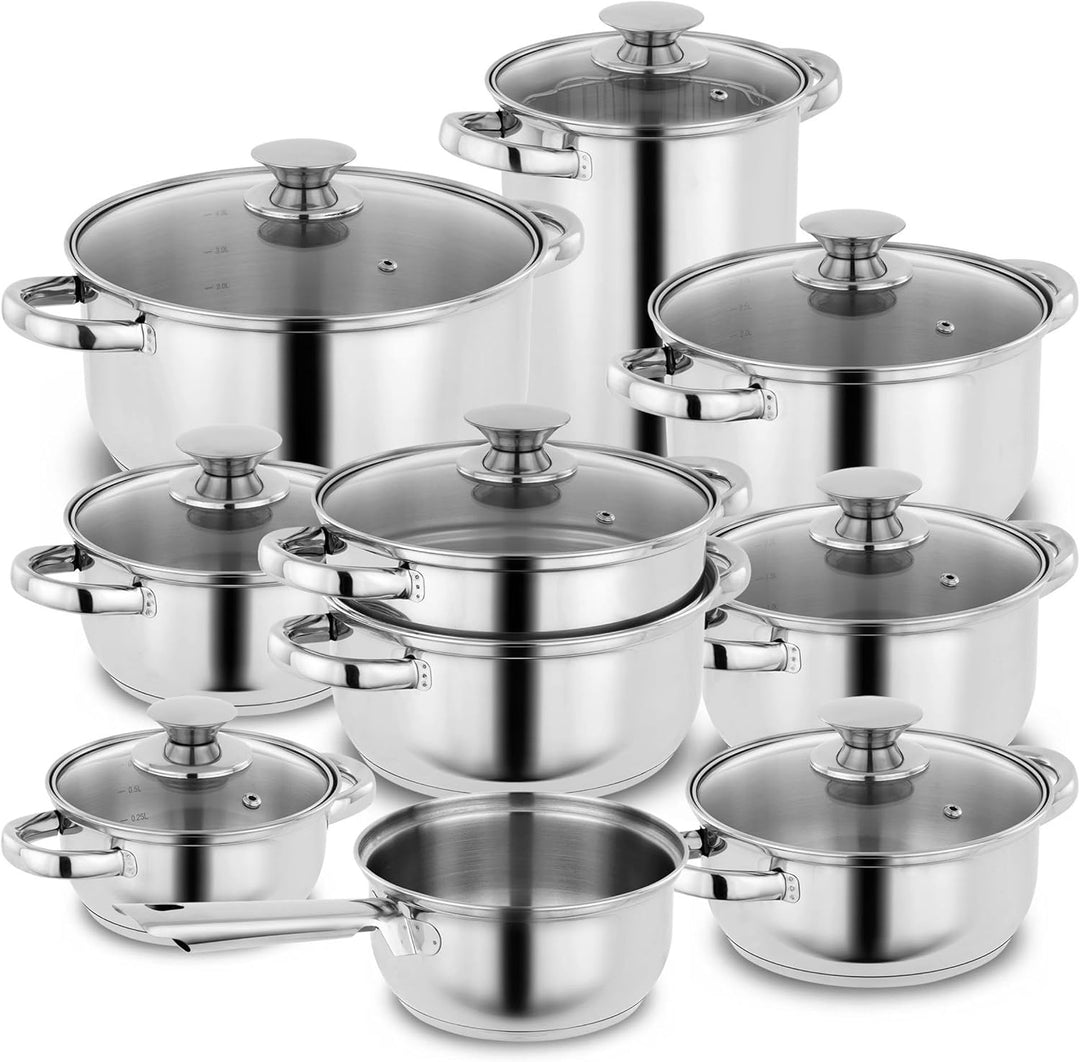 Kopf Topfset Janina 19-teilig aus Edelstahl, Induktion-Kochtopf-Set, 7X Töpfe, 1x Spargelotpf, 1x St
