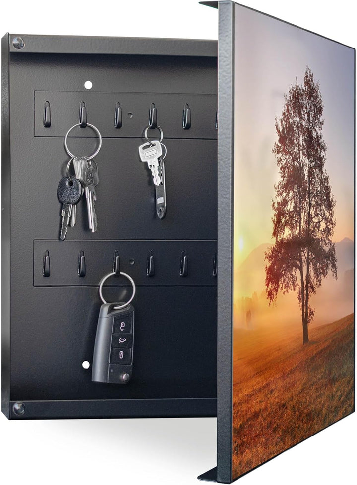 banjado® Grosser Schlüsselkasten Glas/Schlüsselbox 30cm x 30cm mit 50 Haken - Motiv Sonnenaufgang/Sc