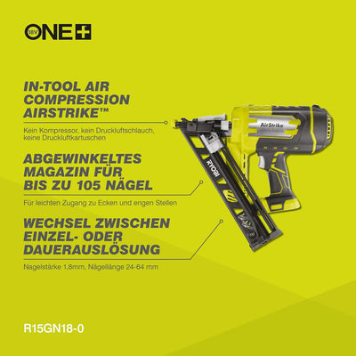 RYOBI 18 V ONE+ Akku-Nagler R15GN18-0 (Nageltyp 1,8 mm, Magazinkapazität von 105 Nägeln, 33-35° Maga
