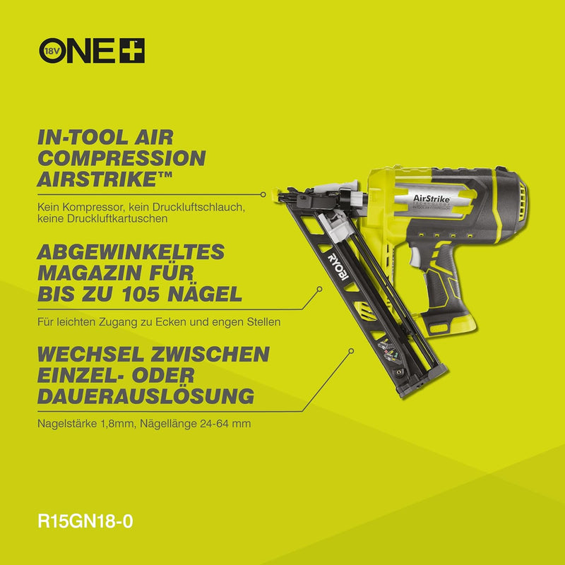RYOBI 18 V ONE+ Akku-Nagler R15GN18-0 (Nageltyp 1,8 mm, Magazinkapazität von 105 Nägeln, 33-35° Maga