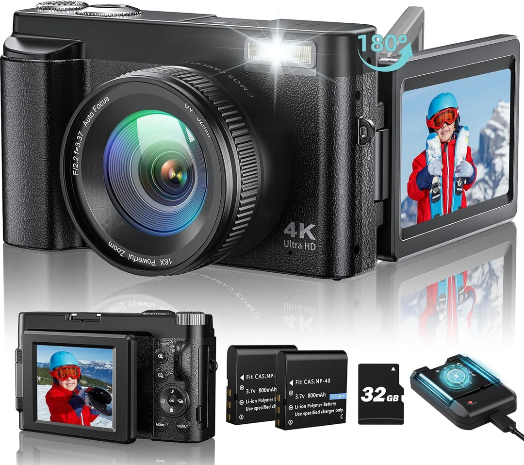 CAMKORY 4K Digitalkamera 48MP Kompaktkamera Fotokamera Autofokus mit 180° Flip-Bildschirm,16X Digita