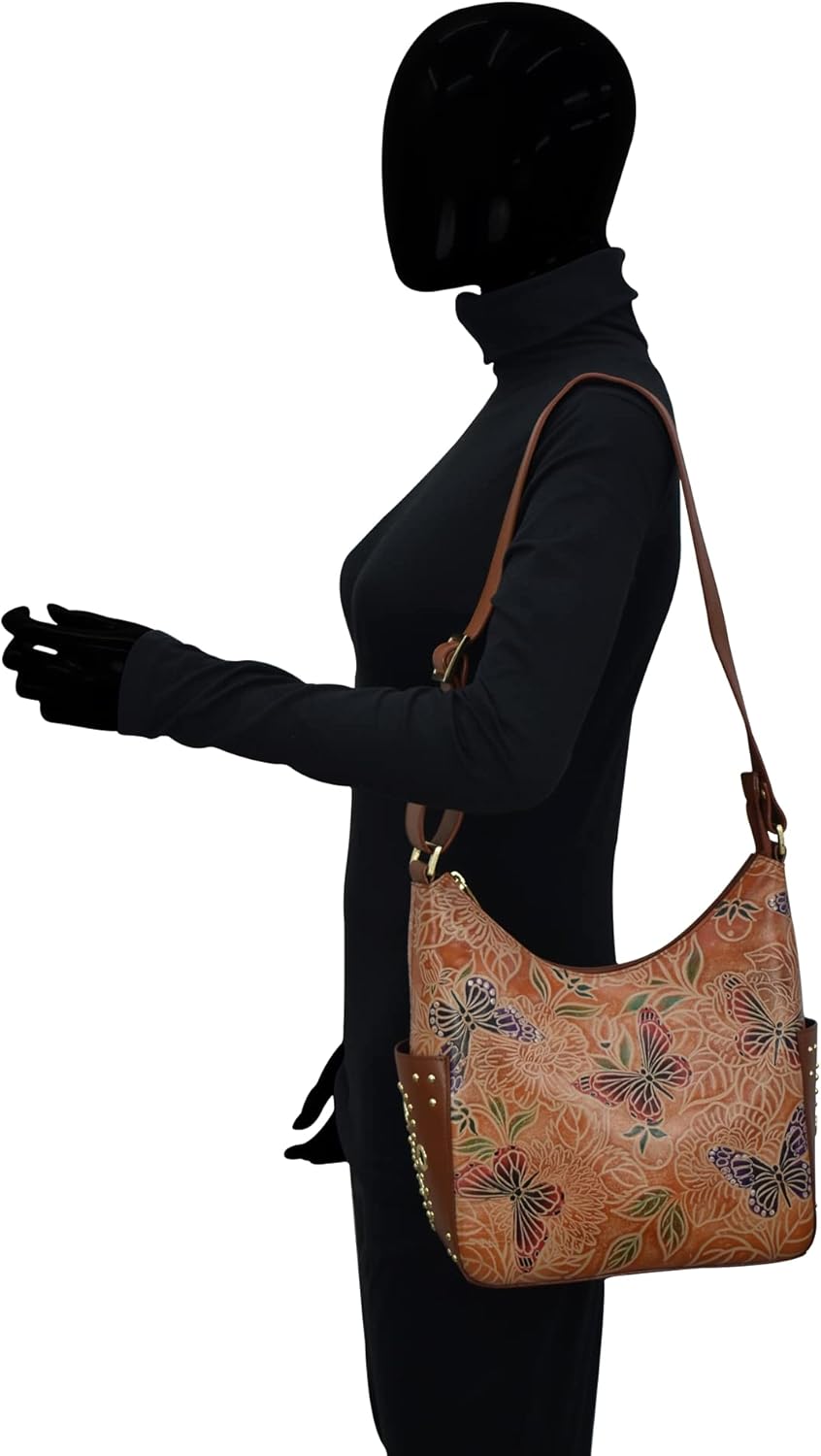 Anuschka Klassische Handbemalte Hobo Tasche aus echtem Leder mit beschlagenen Seitenfächern Tooled B