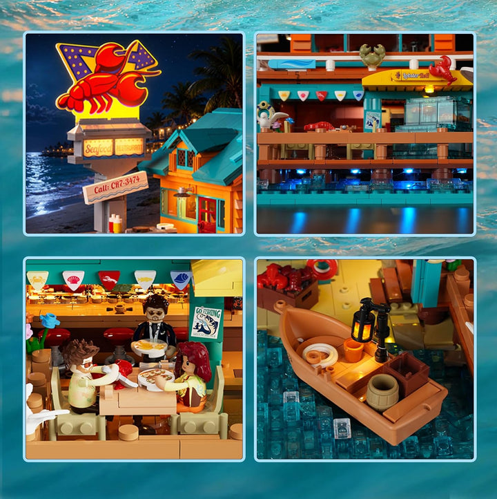 LUMIBRICKS Küsten-Seafood-Restaurant Beleuchtetes Klemmbaustein-Set, 2484 Teile Retro-Strandrestaura