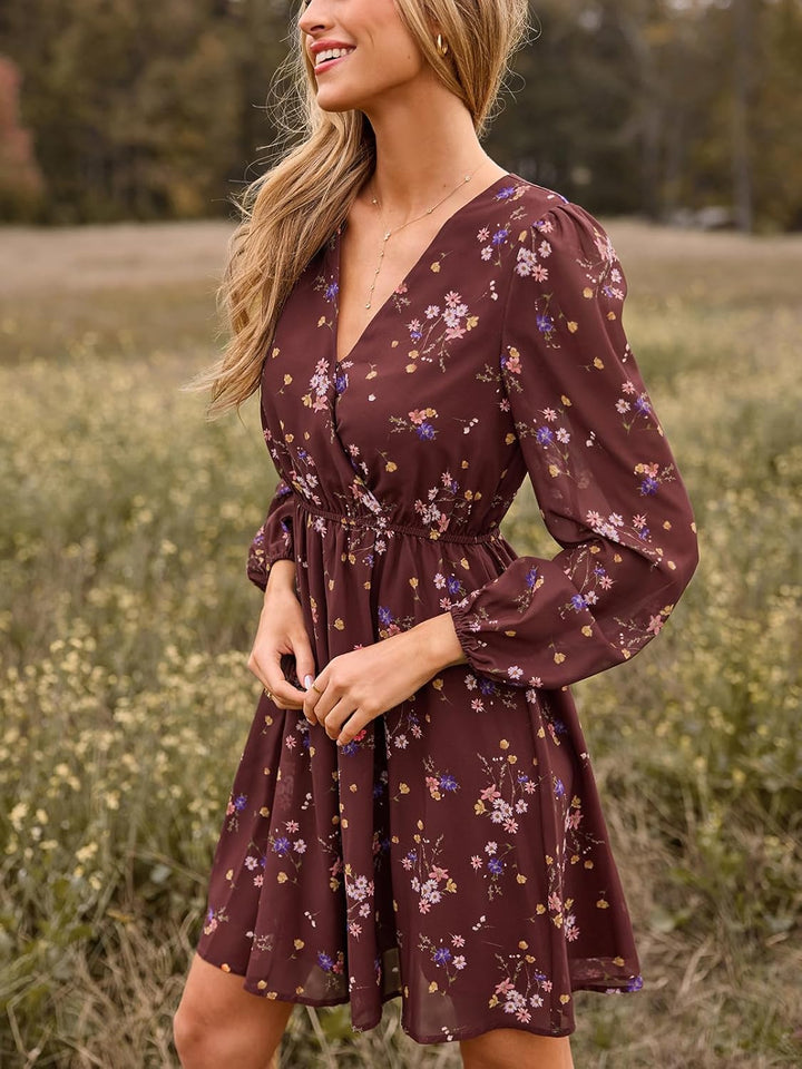 CUPSHE Damen Kleid V Ausschnitt Wickeloptik Transparente Lange Ärmel Blumenmuster Freizeitkleider Wr