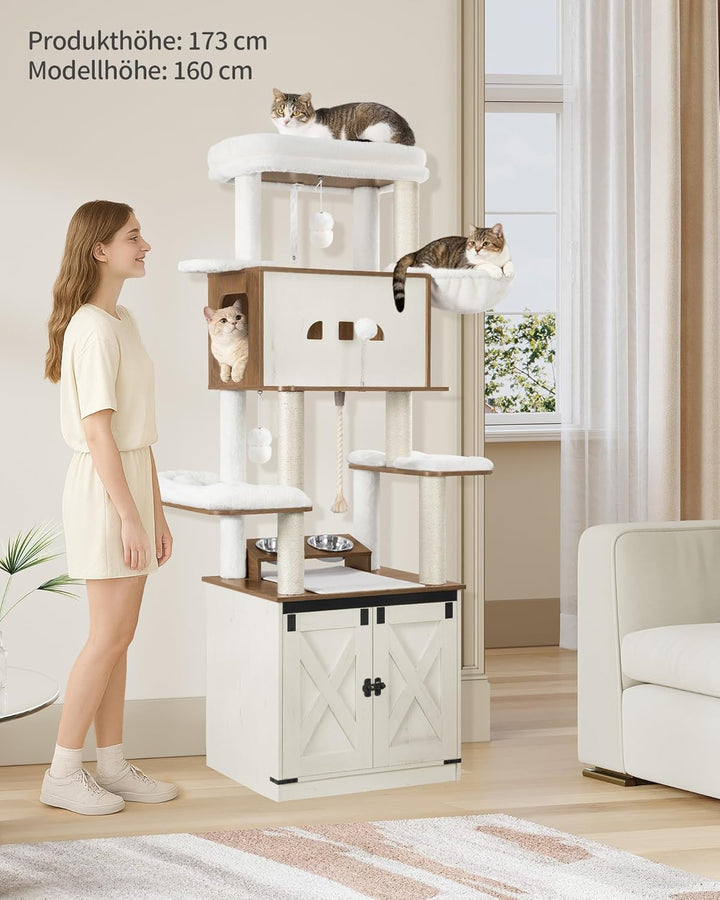 Hzuaneri Kratzbaum, Katzenbaum mit Katzenklo Schrank, Futterstation, 173 cm Hoch, mit Grosser Plattf