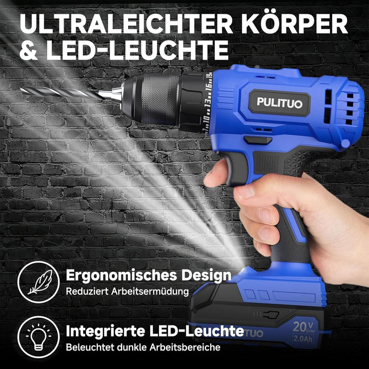 PULITUO Akkuschrauber Set, 20V Akku Bohrschrauber mit 2×2,0Ah Akkus, 45 Nm, 25+1 Drehmomentstufen, 1