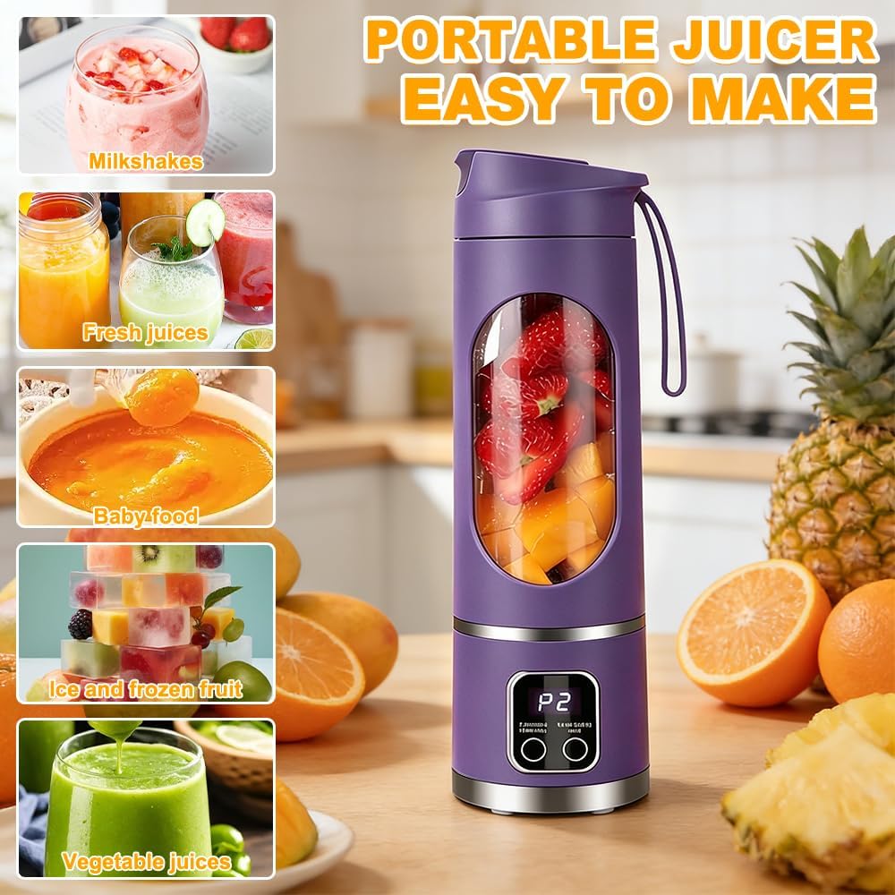 Mixer Smoothie Maker To Go, 450ML Tragbarer Mixer, 1500mAh Portable Blender mit LED 12 Klingen, Mini