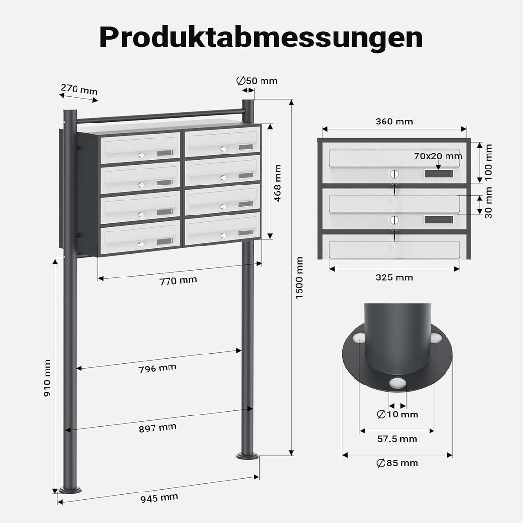 8er-Briefkastenanlage mit Standfuss, pulverbeschichtet in Anthrazit/Weiss, 2 Schlüssel je Postfach