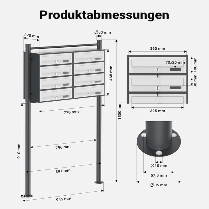 8er-Briefkastenanlage mit Standfuss, pulverbeschichtet in Anthrazit/Weiss, 2 Schlüssel je Postfach