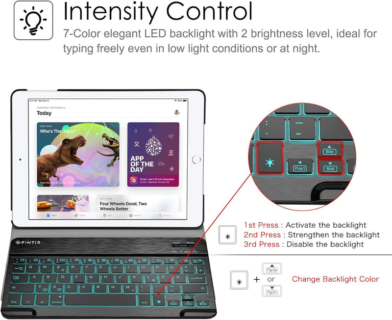 Fintie beleuchtete Tastatur Hülle Kompatibel mit iPad 9.7 Zoll 2018 2017 / iPad Air 2 / iPad Air - U