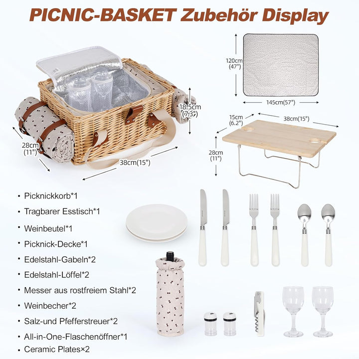 Picknickkorb-Set mit Mini-Klapptisch und Besteck-Set, Picknickkorb für 2 Personen mit kühltaschen, F