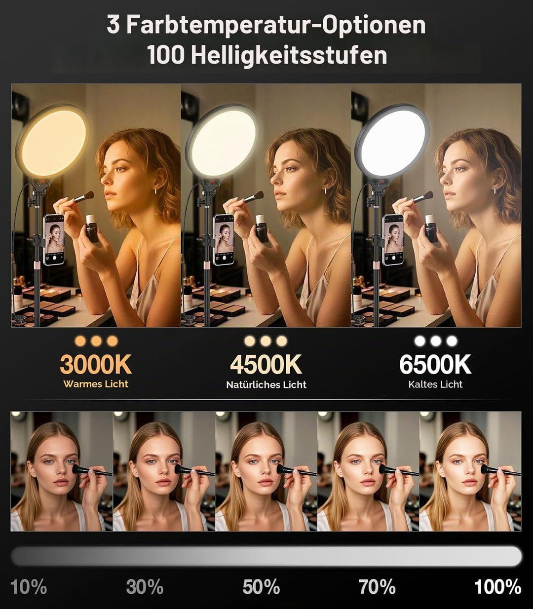 MoKo Ringlicht mit Stativ Handy, 10" Vollbild LED Ringlicht Tisch mit Ständer und Telefonhalter, La