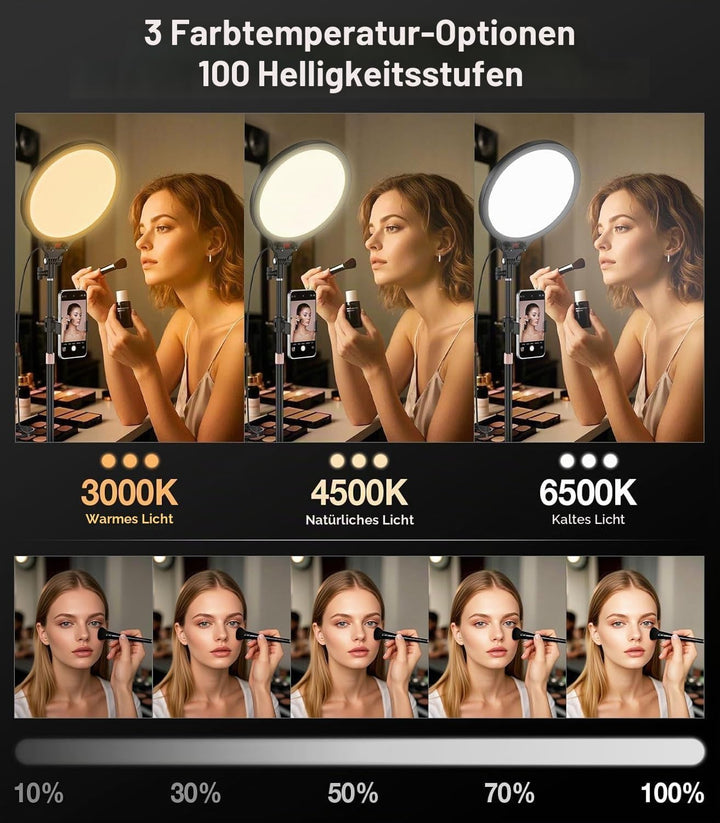 MoKo Ringlicht mit Stativ Handy, 10" Vollbild LED Ringlicht Tisch mit Ständer und Telefonhalter, La