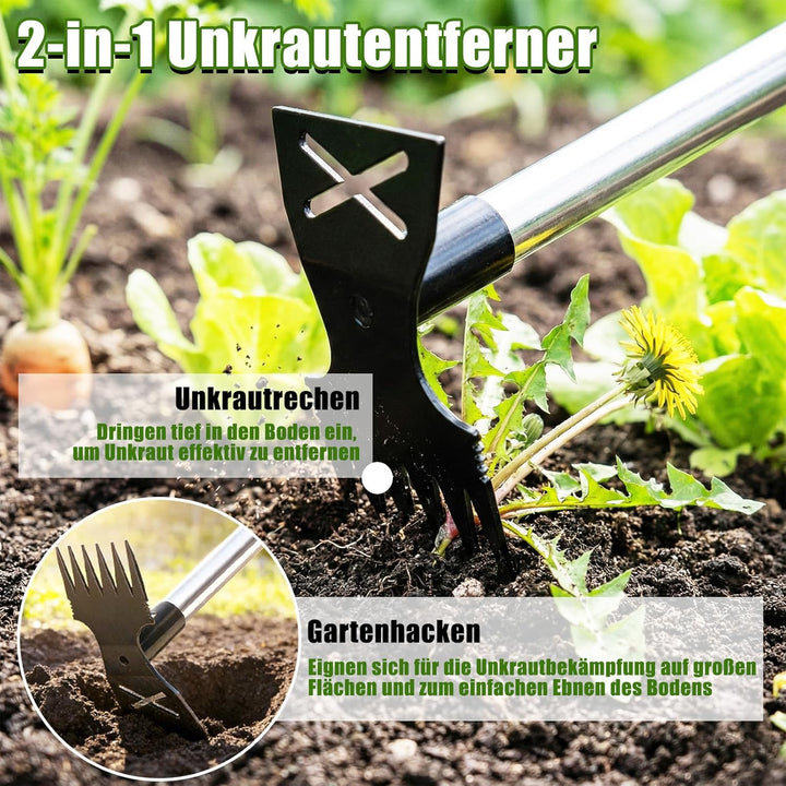 YL Unkrautstecher mit Länge Stiel 1.47 m, 2 in 1 Manuell Gartenhacke 6 Zinken & Flachhacke, Unkrautj
