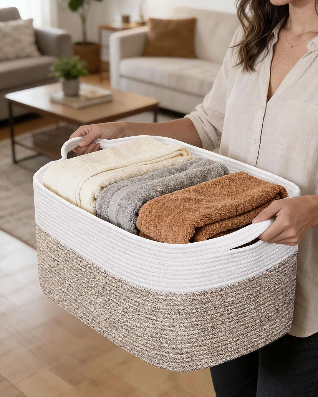 Faltbarer Wäschekorb, Korb Aufbewahrung, 63L Grosse Wäschesammler, Laundry Baskets aus Baumwolle, Ge