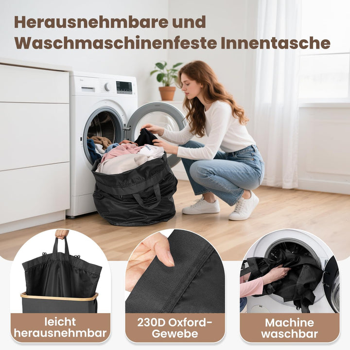 OUSFOT Wäschekorb mit Deckel 105L, Wäschesammler mit Griffen aus Bambus, Laundry Basket Wasserdicht