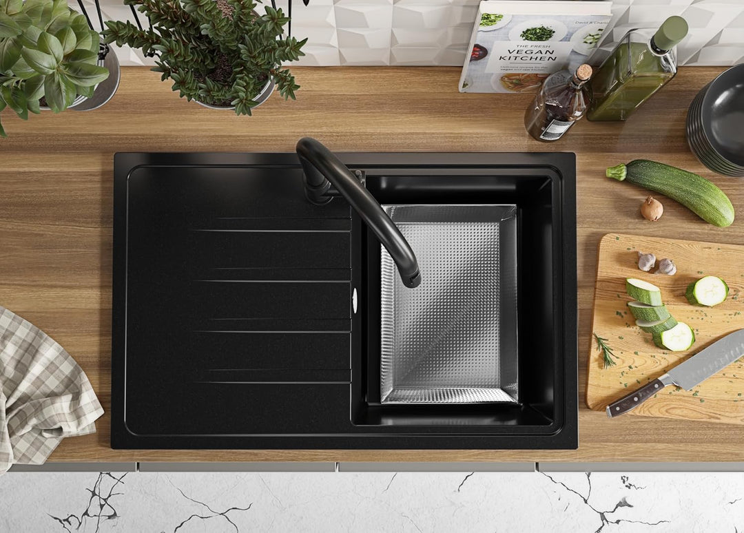Granitspüle Schwarz 78x50 cm, Spülbecken + Ablauf-Set + Küchenarmatur 9050, Küchenspüle für 45er Unt