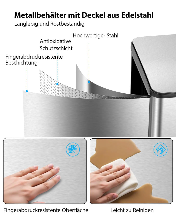 lovewind Mülleimer, 2 x 30L Mülleimer Küche, Doppeleimer für Recycling und Abfall, Silber, Mülleimer