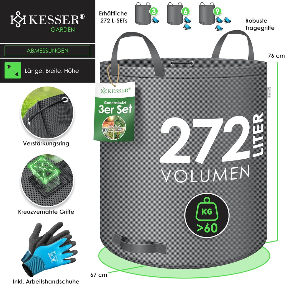 KESSER® Gartensack 3x 272L Set Laubsack Gartenabfallsack inkl. Handschuhe - Selbststehend 4 Griffe S