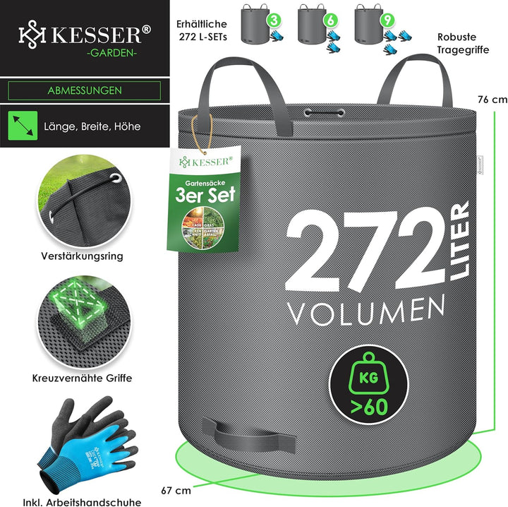 KESSER® Gartensack 3x 272L Set Laubsack Gartenabfallsack inkl. Handschuhe - Selbststehend 4 Griffe S