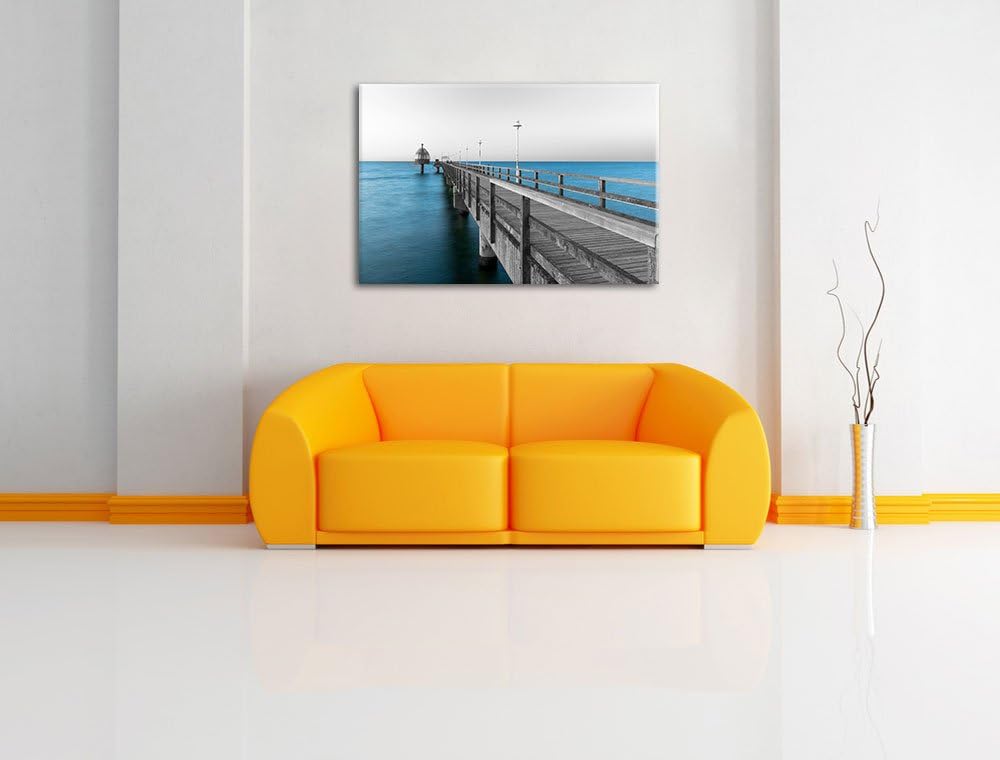 Langer Pier Steg ins Meer schwarz/weiss Format: 100x70 auf Leinwand, XXL riesige Bilder fertig gerah