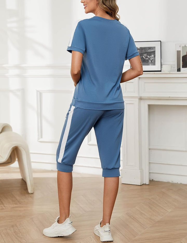 Jogginganzug Damen Set Rundhals Kurze Ärmel Trainingsanzug Zweiteiler Elegant Hausanzug Freizeitanzu