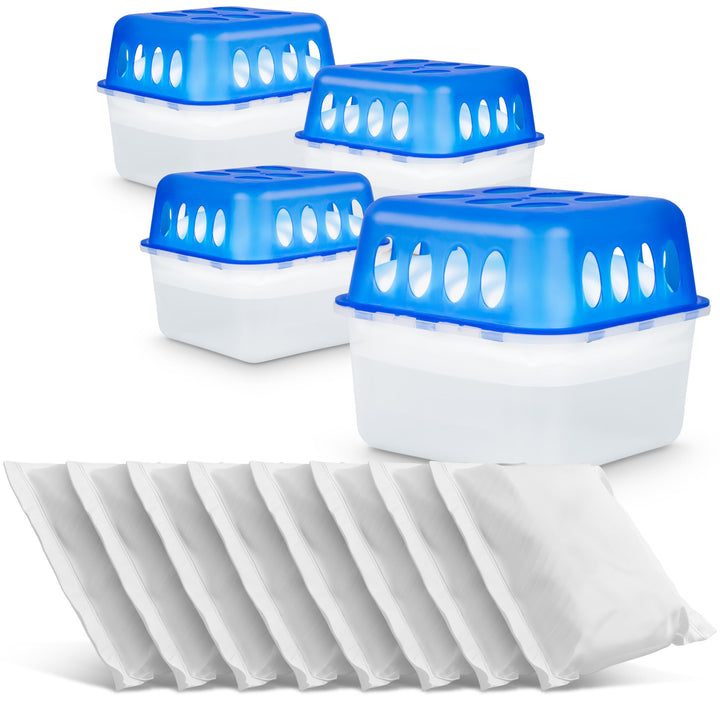 4x Luftentfeuchter ohne Strom - Raumentfeuchter mit 8 x 400g Nachfüll-Beutel Granulat für Küche, Bad