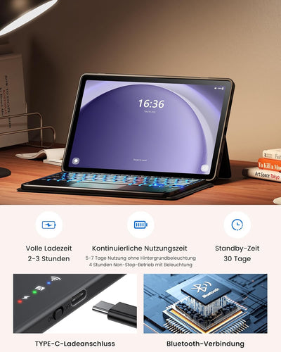 INFILAND Galaxy Tab A9 Plus Hülle mit Tastatur [Hochpräzises Touchpad], Handschlaufe & Faltbare Stän