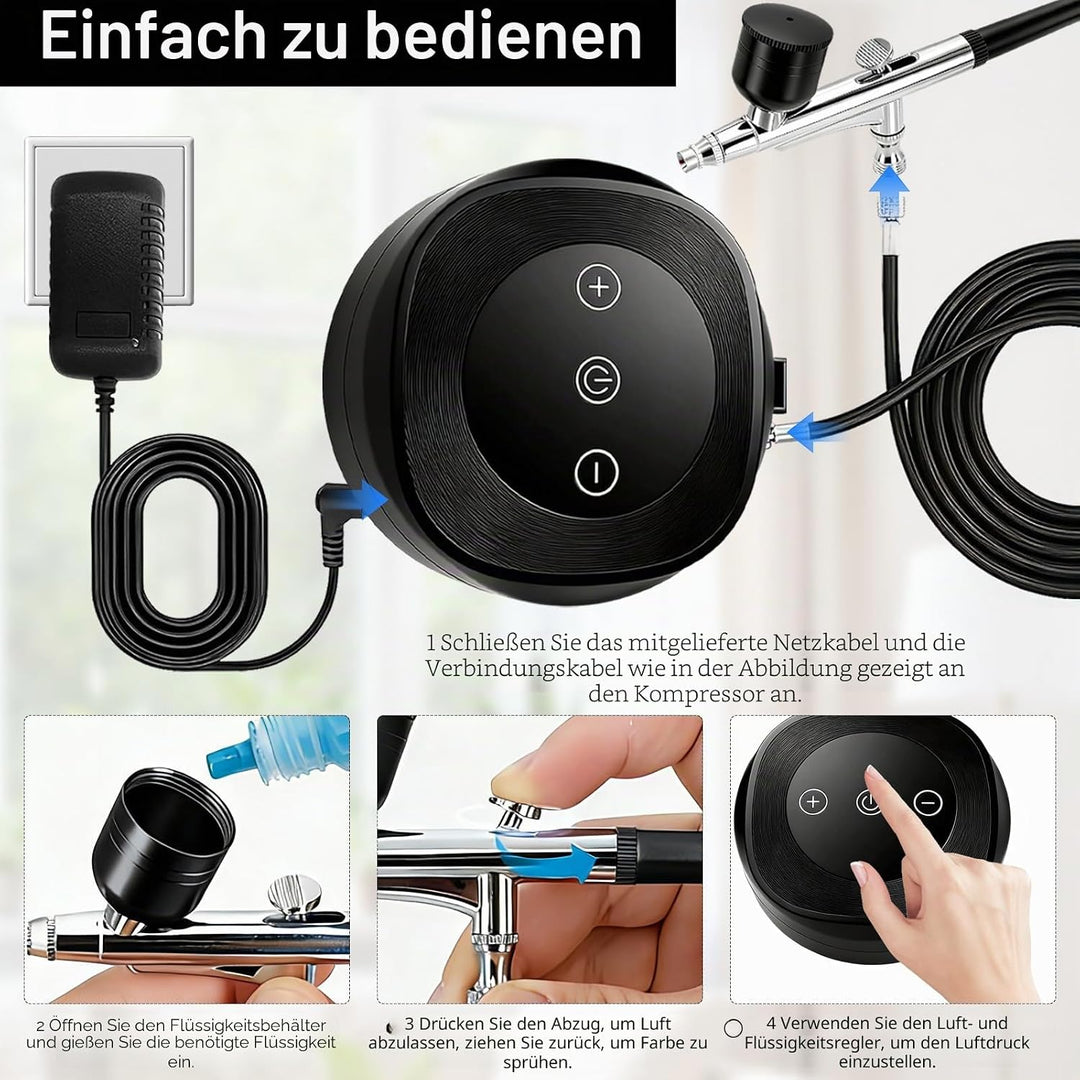 Airbrush Set, mit Kompressor, 3-stufige Druckregelung (bis 60 PSI), 5 Düsen und Zubehör, für Modellb