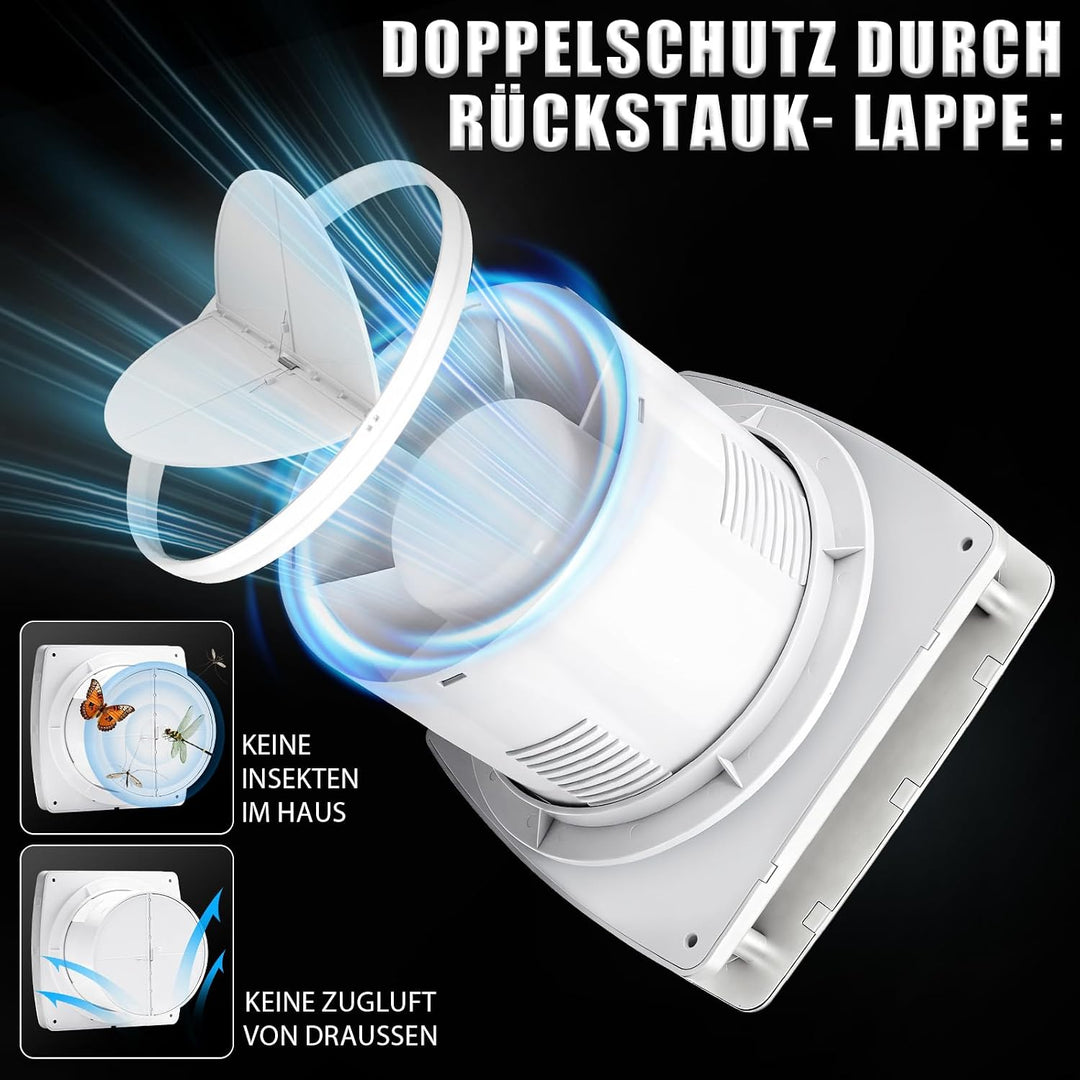 Leiser 100mm Badlüfter mit Rücklaufklappe, Feuchtigkeitssensor &amp; Timing | Energieeffizient Lüfter Wa