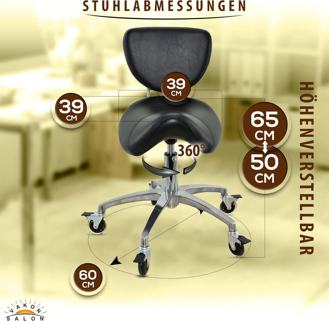 Premium Sattelhocker schwarz mit Bremse und Lehne, Sattelstuhl für Rückenentlastung, Rollhocker höhe