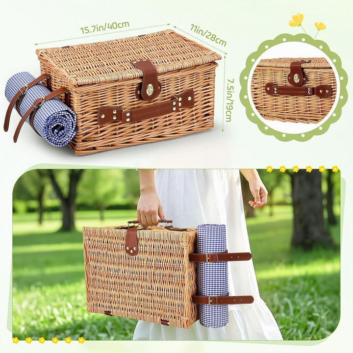 Picknickkorb für 4 Personen, handgeflochtener Korb mit eingebauter Isolierung und wasserdichter Deck