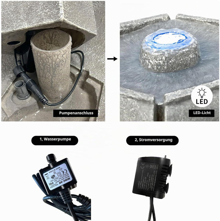 Köhko® Hexagon Eleganz Gartenbrunnen mit LED Beleuchtung, Wasserfall, Vogeltränke, Gartendeko, Sprin