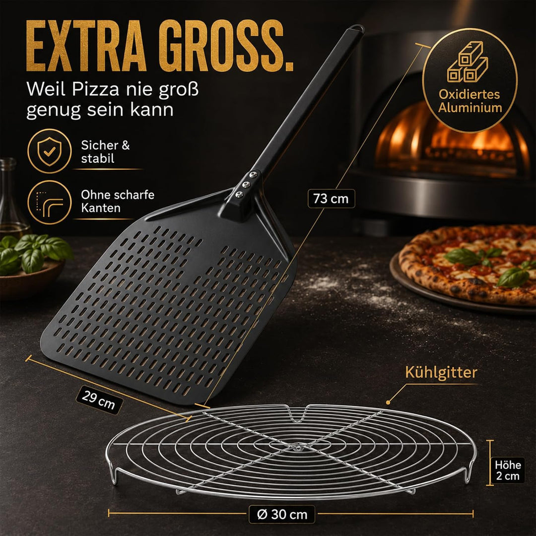 Pizzaschieber Set mit Perforiertem Schieber &amp; Ø 12" Abkühlgitter für extra knusper, Antihaft Beschic