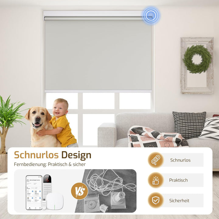 Grandekor Rollo Elektrisch 50x100cm Grau, Elektrisches Verdunklungsrollo Klemmfix ohne/mit Bohren, S