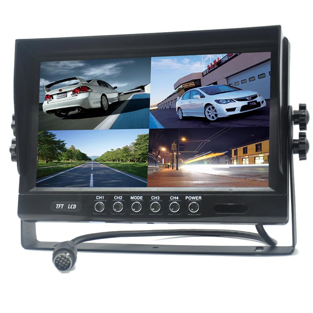 Pardarsey 9" TFT LCD Auto Rückansicht Quad Split Monitor, Fernbedienung, 4-Kanal 4-PIN Stecker Video
