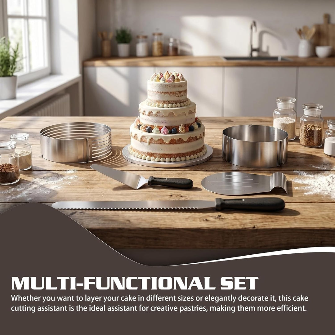 5 Stück Tortenring verstellbar: Torten Schneidehilfe mit Tortenschneider, Tortenretter &amp; Palette, Ku
