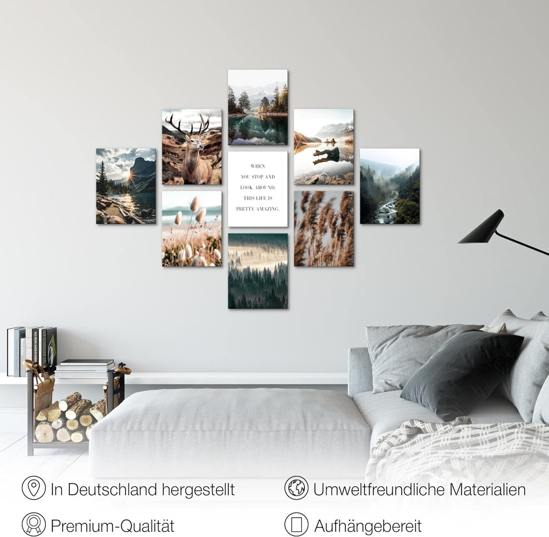 Novart Wandbilder Natur - KOMPLETT AUFHÄNGFERTIG - Hirsch Wohnzimmer Schlafzimmer- 9 Moderne Mood-Bi