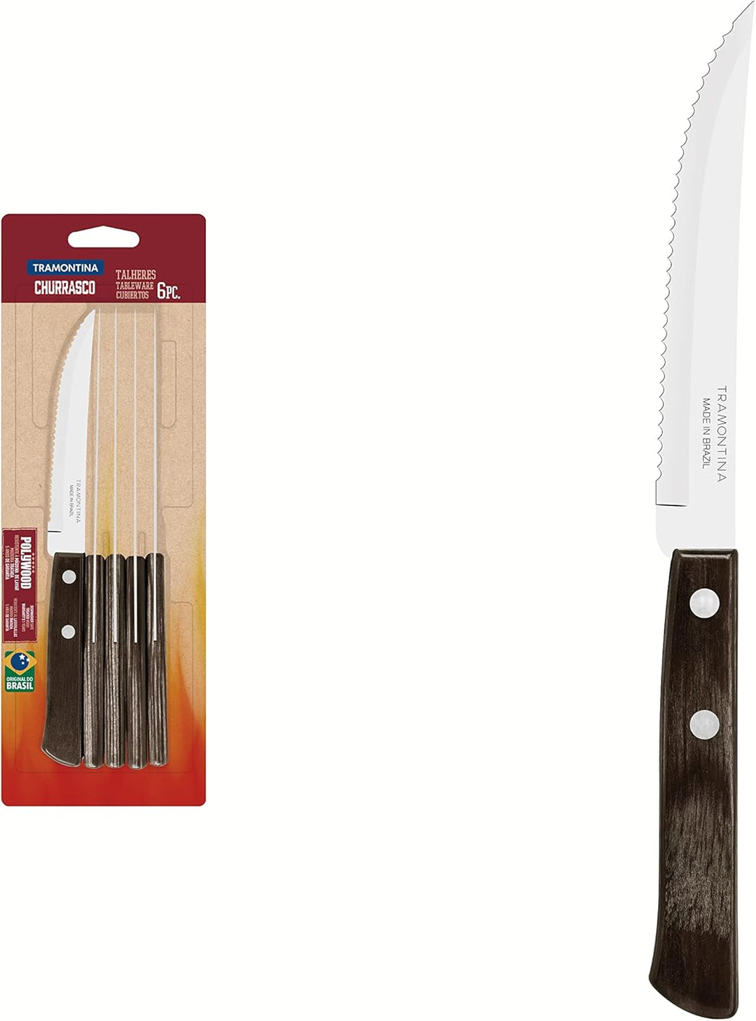 Tramontina Steakmesser Pizzamesser, Set 6-teilig, mit 6 Steakmessern aus Edelstahl, Echtholzgriff br