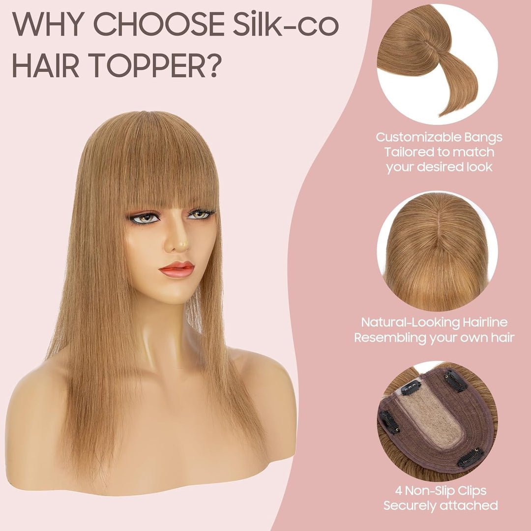 Hair Topper Echthaar mit langem Pony, Toupet Damen 10x12cm Basis, Haartopper Echthaar mit Remy Seide