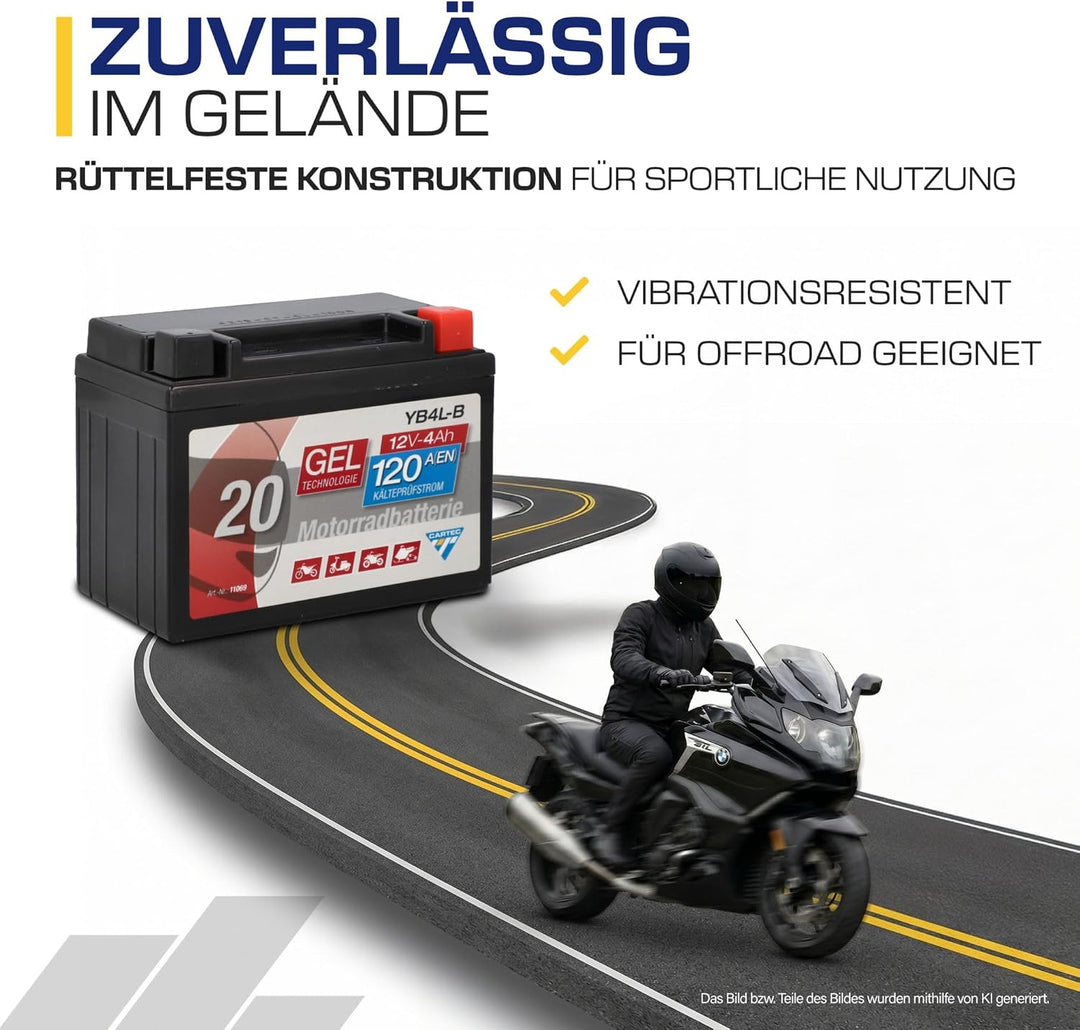 CARTEC Motorradbatterie YB4L-B, 4Ah 56A, Gel Technologie Motorrad-Starter-Batterie, Erstausrüsterqua