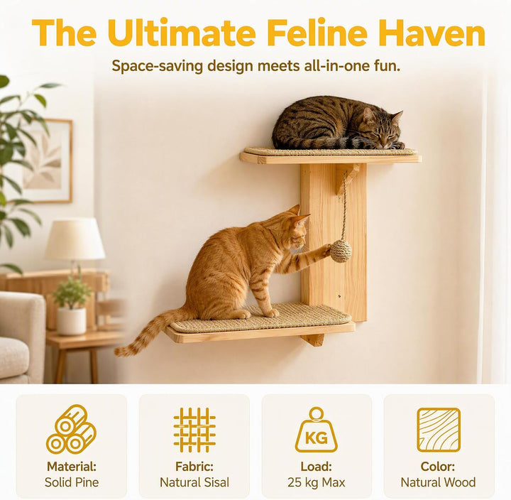 Kletterwand Katze Holz mit Integriertem Sisalball &amp; 2 Plattformen