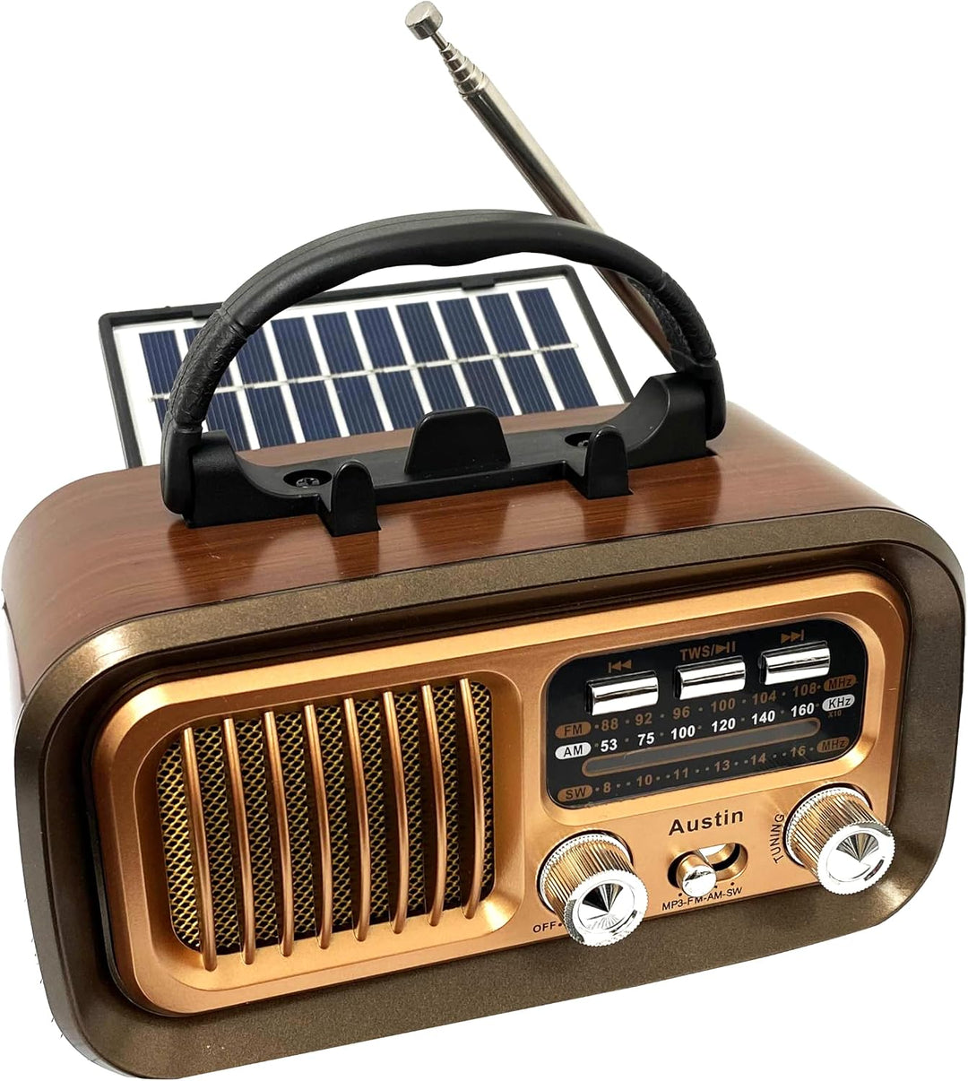 Retropolis Austin Retro Radio – Vintage Design mit Solar, USB, microSD, Bluetooth 5.0, 1200mAh Akku,