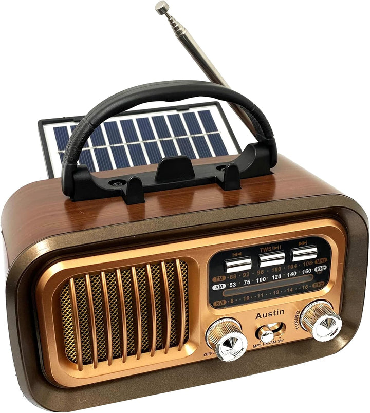 Retropolis Austin Retro Radio – Vintage Design mit Solar, USB, microSD, Bluetooth 5.0, 1200mAh Akku,