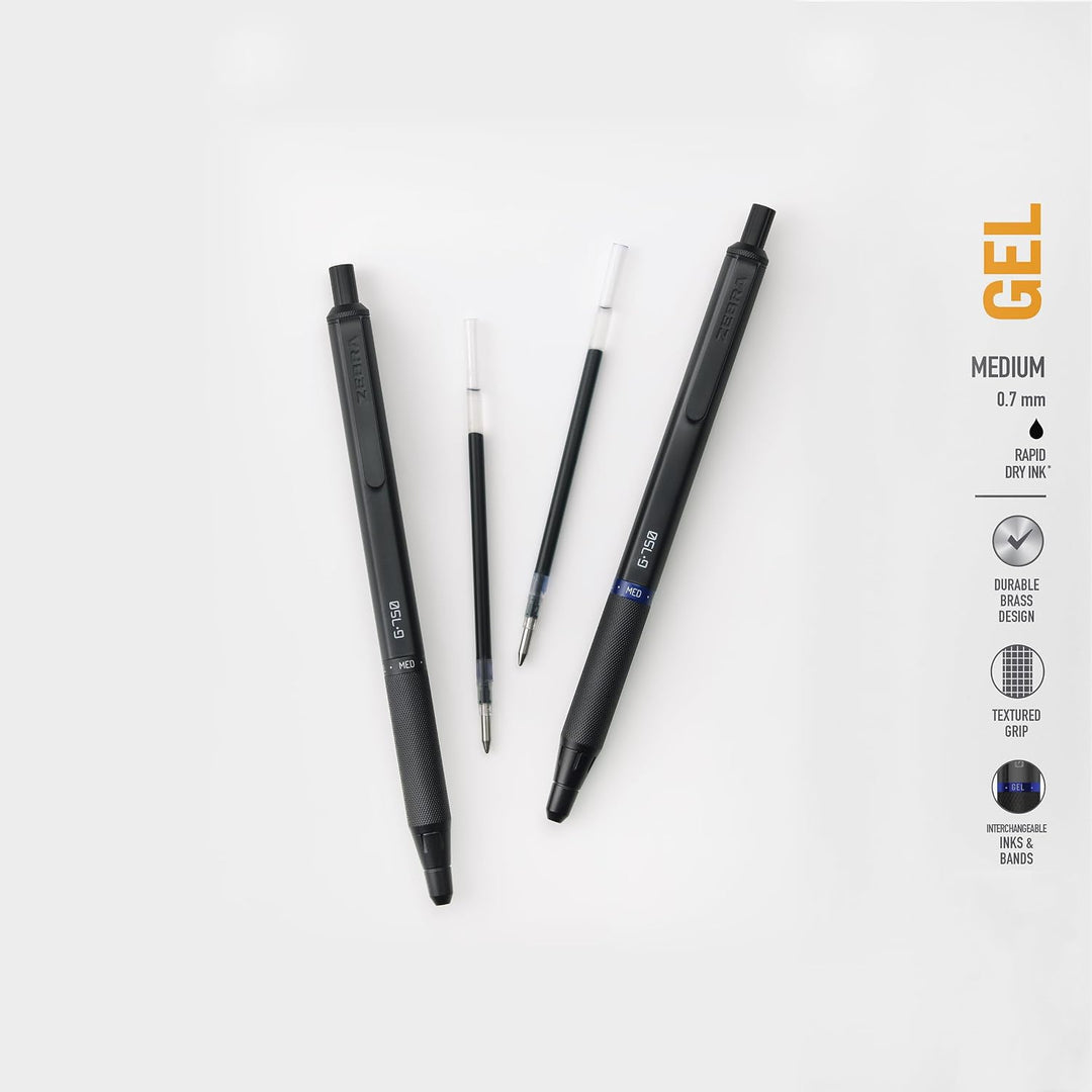 Zebra Pen G-750 Gelschreiber, einziehbar, schwarzer Messingschaft, mittlere Spitze, 0,7 mm, schwarze