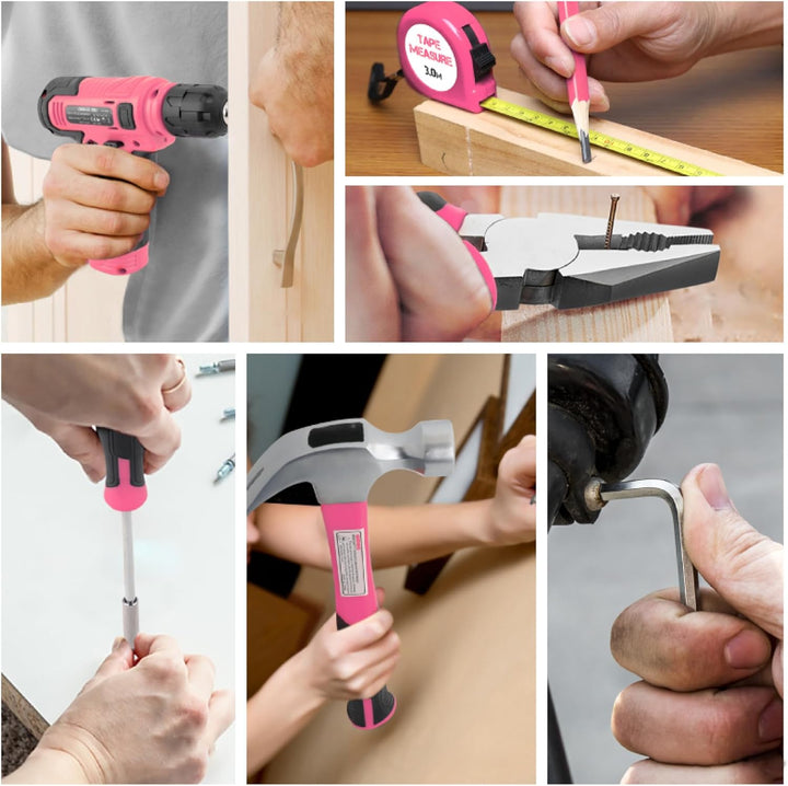 Hi-Spec Pinker Werkzeugkoffer mit Akkuschrauber. 8V USB Akkubohrschrauber, Bit set und Komplettes We