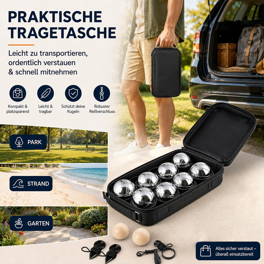 Boules-Set aus verchromtem Stahl (8 Kugeln),2 Holz-Zielkugeln, Abstandsmesser &amp; Ballabsauger | Kompl