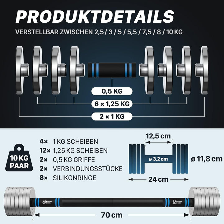 Northdeer 2in1 Set Verstellbar Stahl Kurzhanteln Langhanteln 10kg 2er Set - Ultrakompakte Gewichte 2