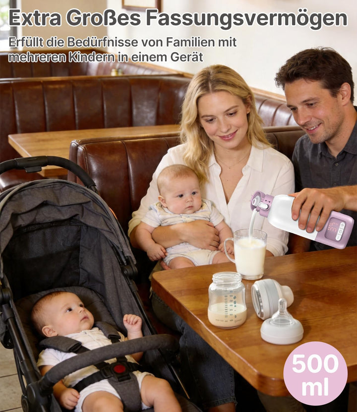 Tragbarer Baby Flaschenwärmer für Unterwegs, Pasteurisier-Funktion + 500ml Kapazität + 16000mAh-Akku
