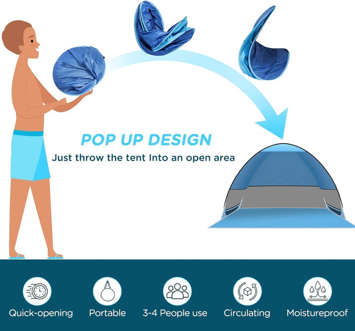 Strandmuschel Pop Up Zelt,Tragbar Light Automatisches Strandzelt UPF 50+ wurfzelt Sun Shelter für 3-